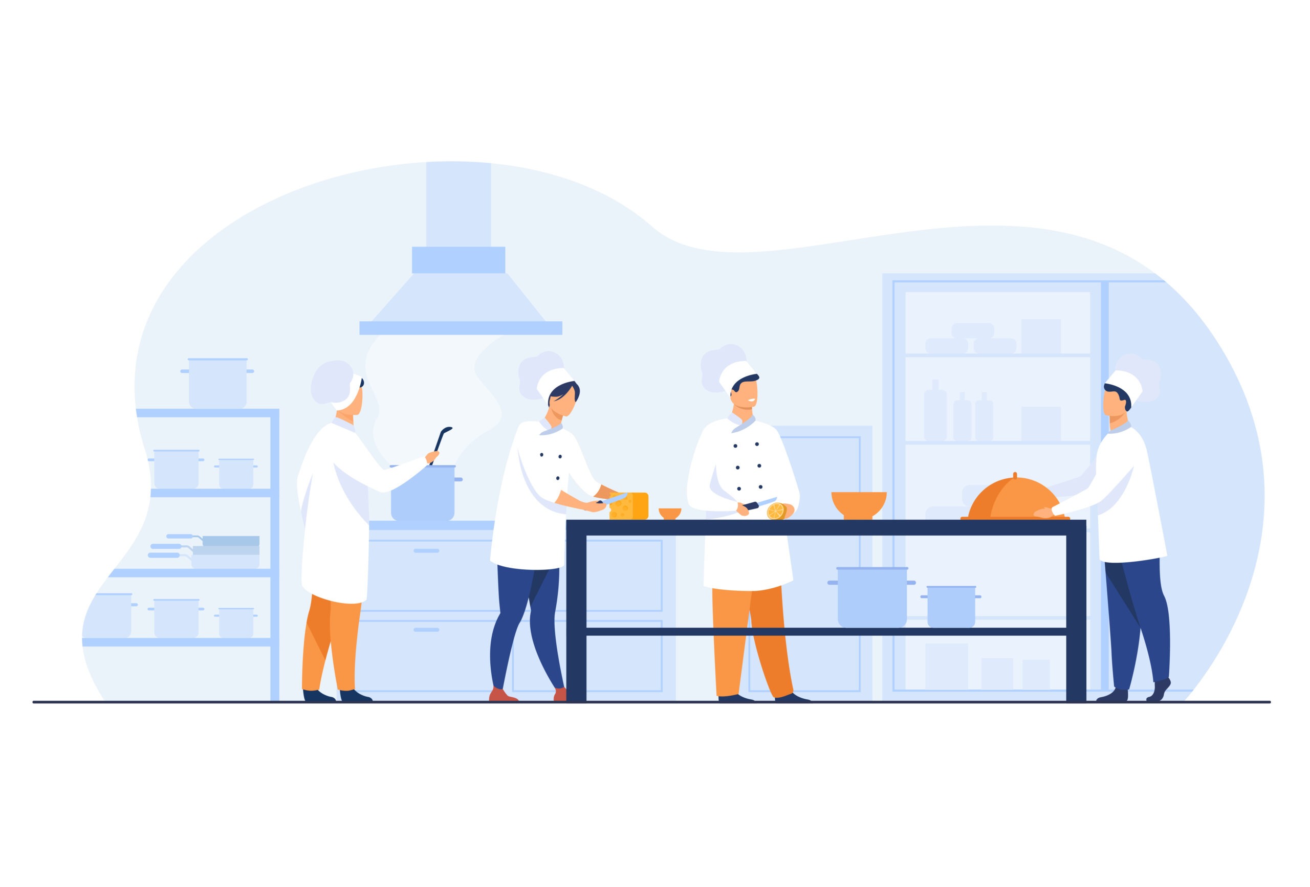 Chefs, cooks and waiters working at restaurant kitchen