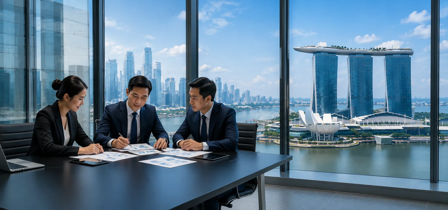 IMS Consultancy professionals reviewing ISO certification documents with Singapore skyline