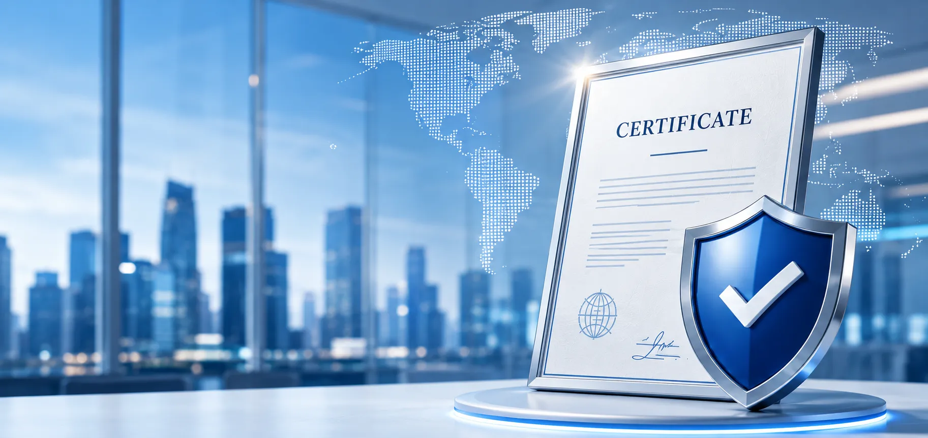 ISO certificate and shield representing global standards expertise